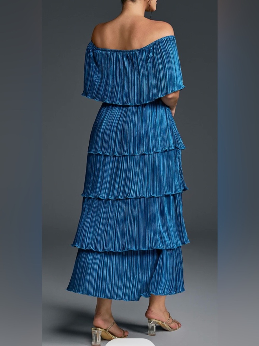 Off-Shoulder Tiered Pleated Maxi Dress in Cobalt - Picture 5 of 5